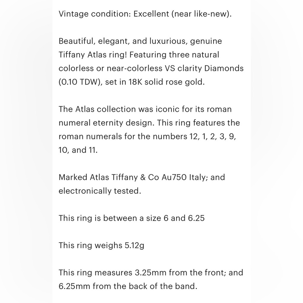 18K Tiffany Atlas Diamond Ring, 750 Rose Gold, Roman Numerals, Size 6 - Picture 8 of 15